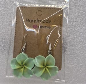 Handmade Mint Green Floral Drop Earrings - Lightweight Plumeria Style